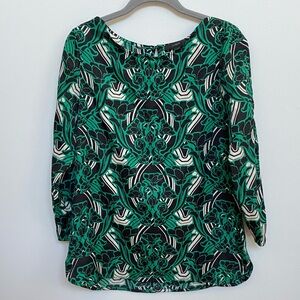 J Crew Faux Silk Green & Black‎ Floral Top